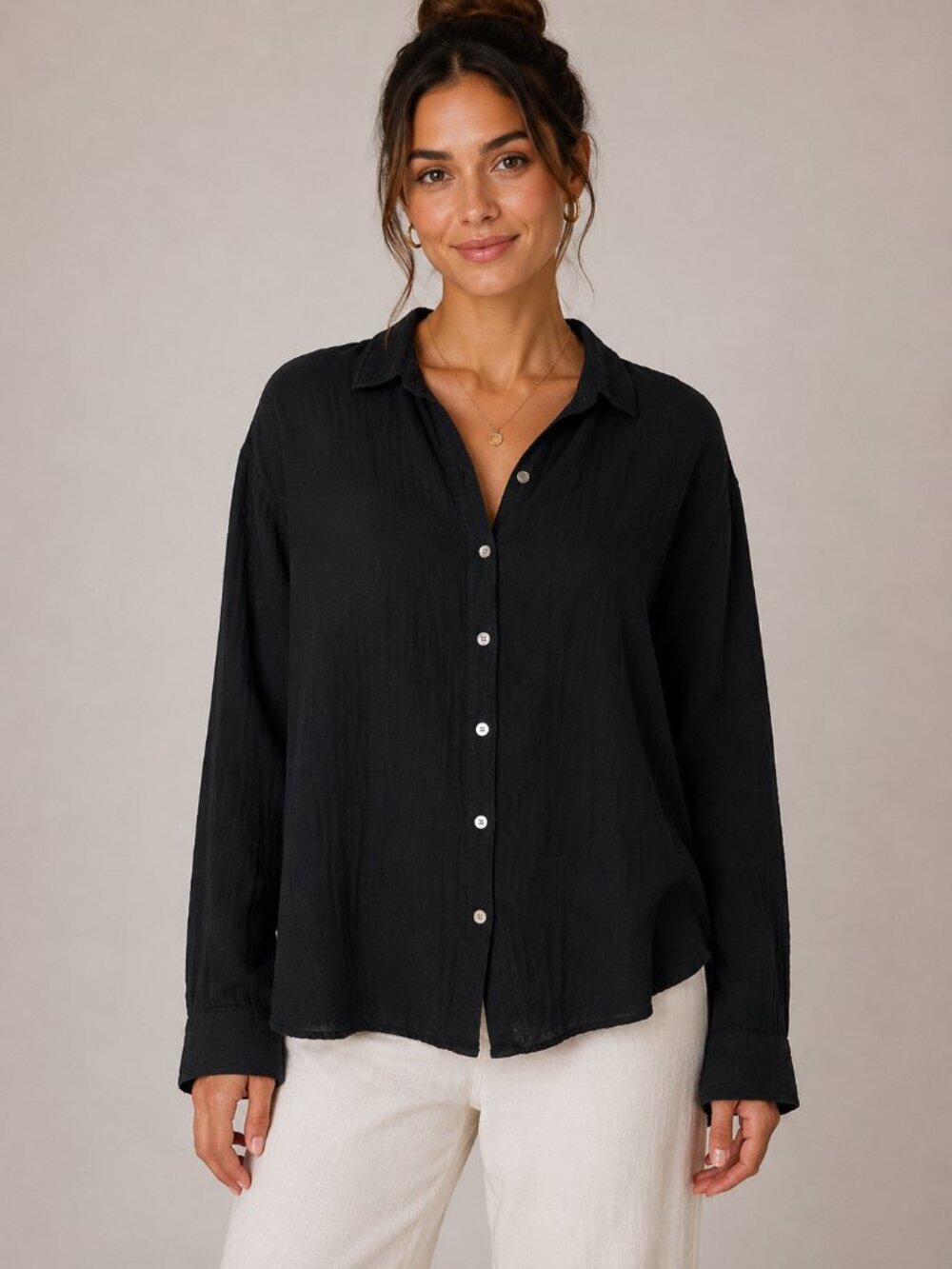 Tahari 100% Linen Black Relaxed Button Front Blouse Minimal Chic Shirt